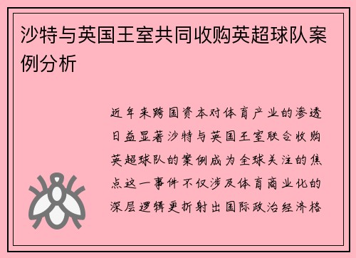 沙特与英国王室共同收购英超球队案例分析